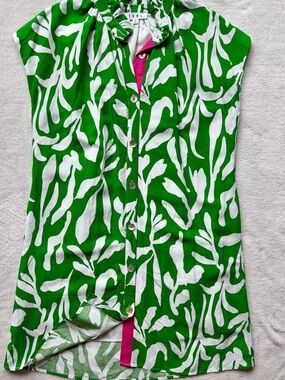 THML Green and White Abstract Print Button-Front Dress with Pink Placket
